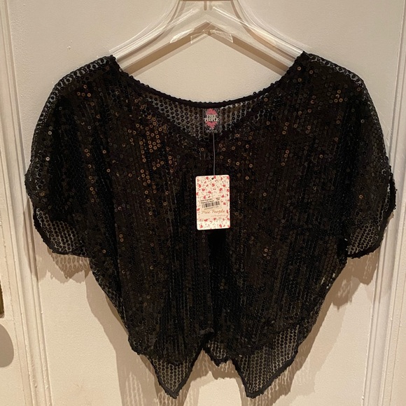 Vintage Free People Black Sequin Sheer Cap Sleeve Blouse - Picture 15 of 16